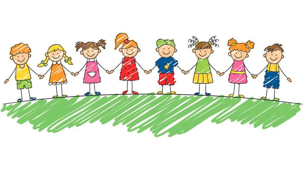 子どもたちが緑の草の上で手を繋いでいるイラスト