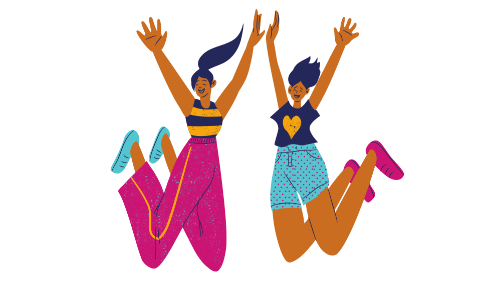 女性二人が手を挙げてジャンプしているイラスト