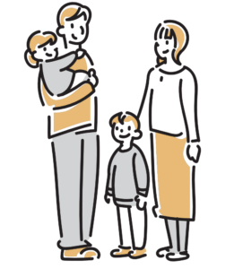 家族４人が立っているイラスト。子ども一人だけお父さんに抱っこされている